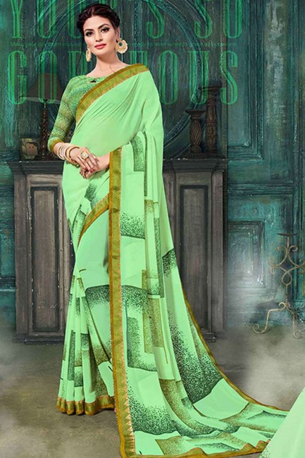 Printed Georgette Saree in light Green