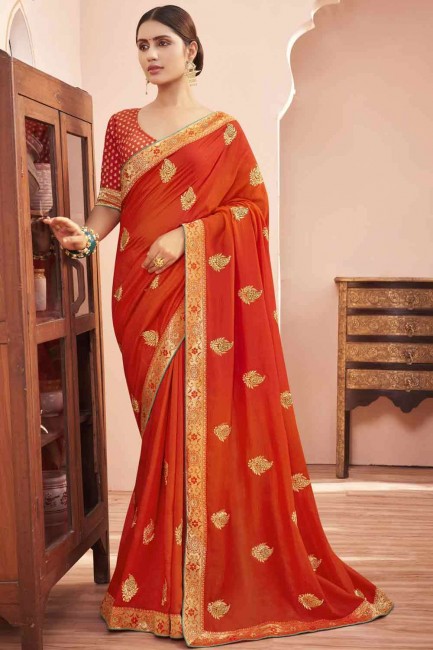 Rust Silk Saree with Embroidered