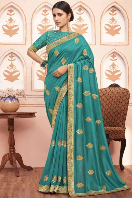 Dazzling Blue Saree in Silk with Embroidered