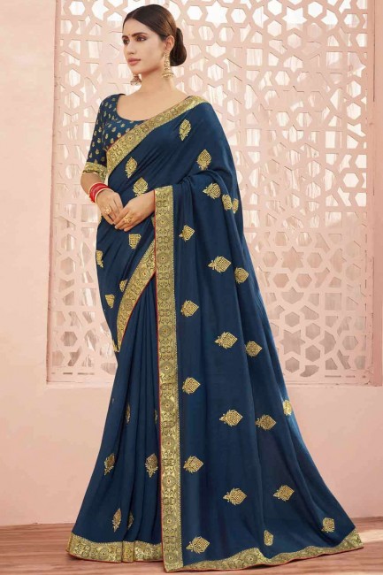teal  Saree with Embroidered Silk