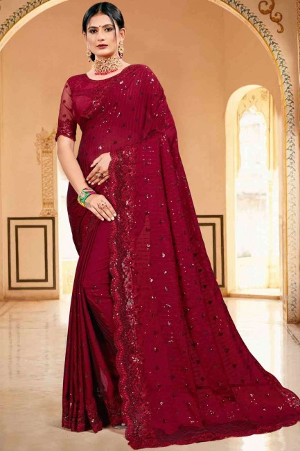 Maroon Saree in Satin Georgette with Sequins