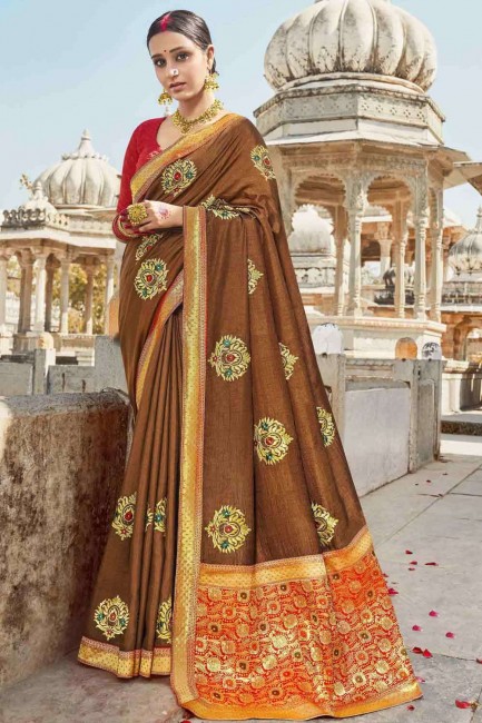 Embroidered Saree in Brown Silk