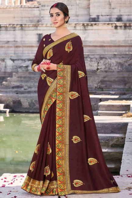 Maroon Saree in Viscose with Embroidered