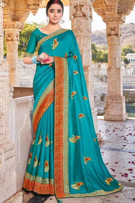 Saree in Blue Viscose with Embroidered
