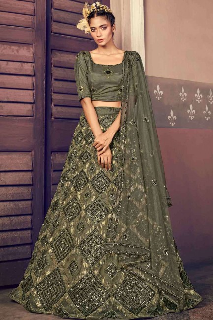 Lehenga Choli in Olive green Net with Embroidered