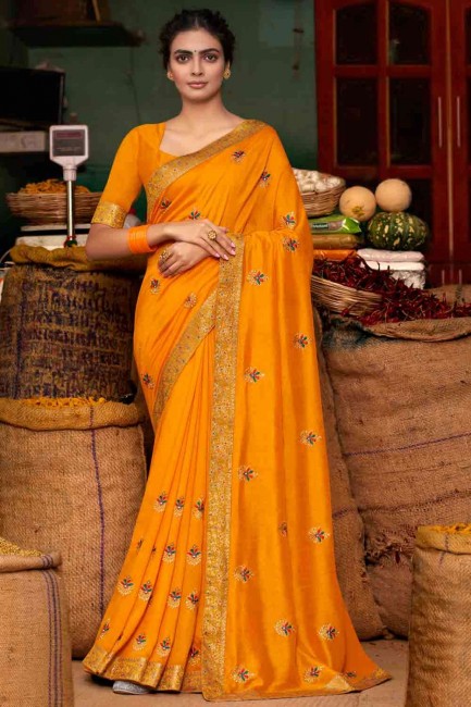 Embroidered Silk Saree in Yellow with Blouse