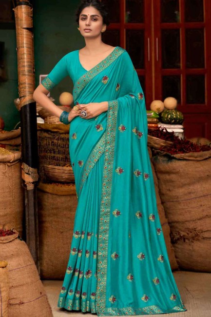 Dazzling Silk Saree in Blue with Embroidered