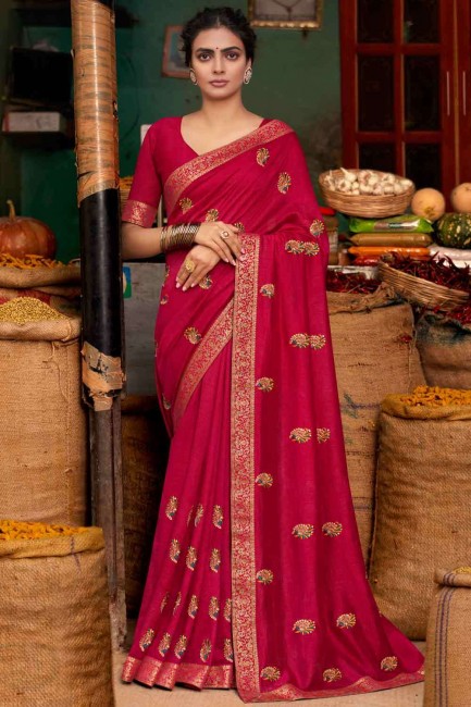 Stylish Red Embroidered Silk Saree