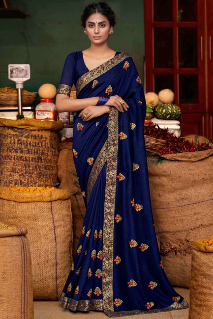 navy Blue Silk Saree with Embroidered
