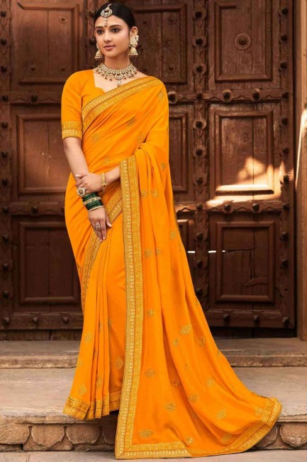 Splendid Silk Saree in Yellow with Embroidered