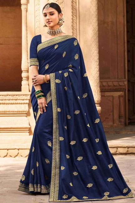 Blue Silk Embroidered Saree with Blouse