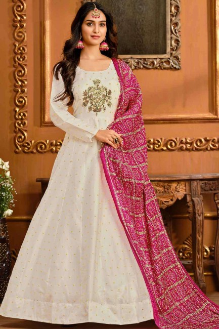 White Taffeta Churidar Anarkali Suit with Silk