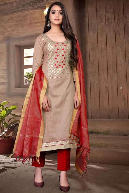 Cotton Salwar Kameez in fawn  with Cotton