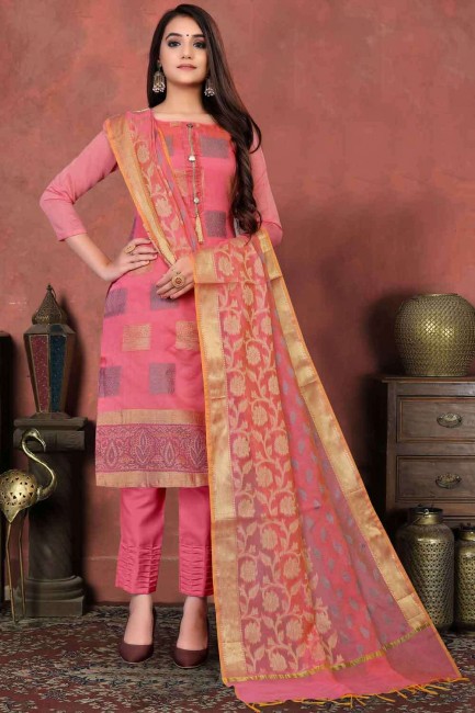 Banarasi raw Silk Salwar Kameez in Pink with Banarasi raw Silk