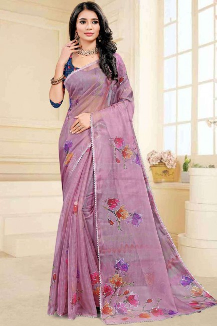 Purple Silk Saree with Embroidered