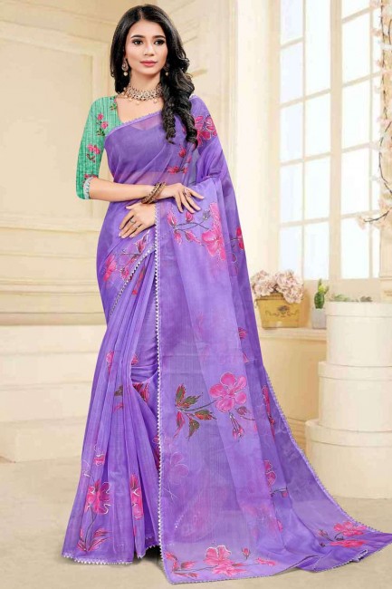 Fascinating Silk Violet Saree in Embroidered