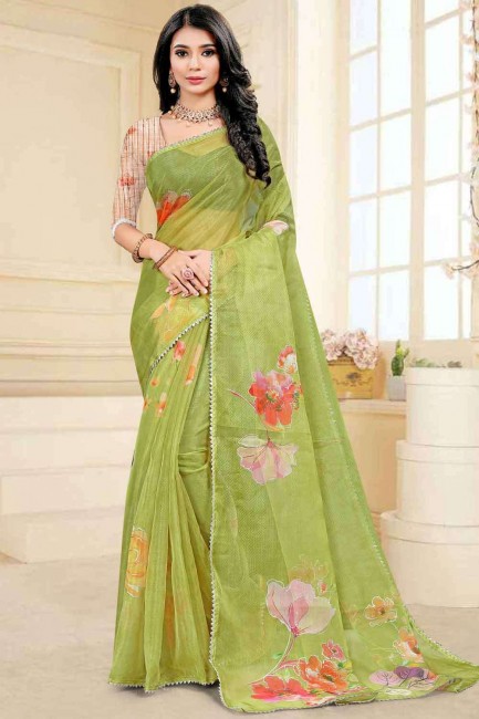 Indian Ethnic Embroidered Silk Saree in Green with Blouse