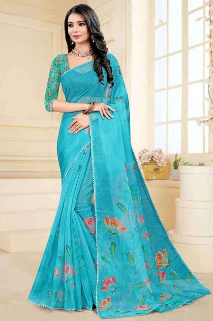 Opulent Embroidered Silk Saree in Blue with Blouse