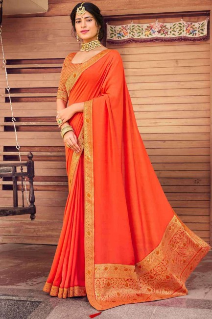 Silk Diwali Saree with Lace border in Orange red