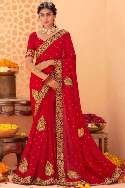 Rust red Karvachauth Saree with Patch Silk