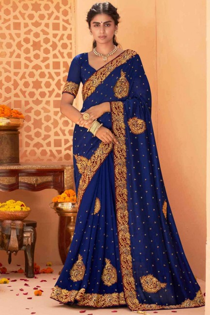 Navy blue Karvachauth Saree in Silk with Patch