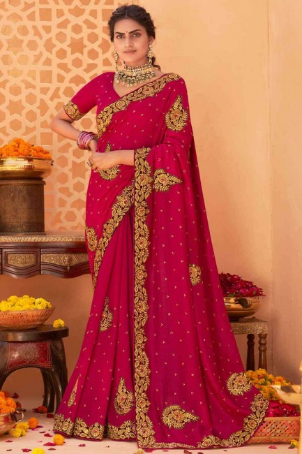 Rose red Patch Karvachauth Saree in Silk
