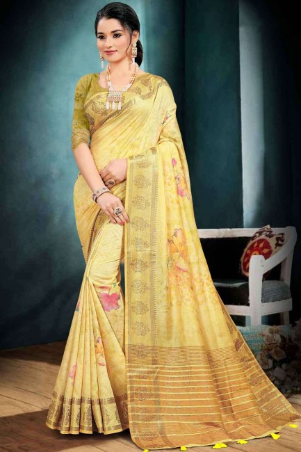 Cotton Saree with Weaving in Lemon Yellow