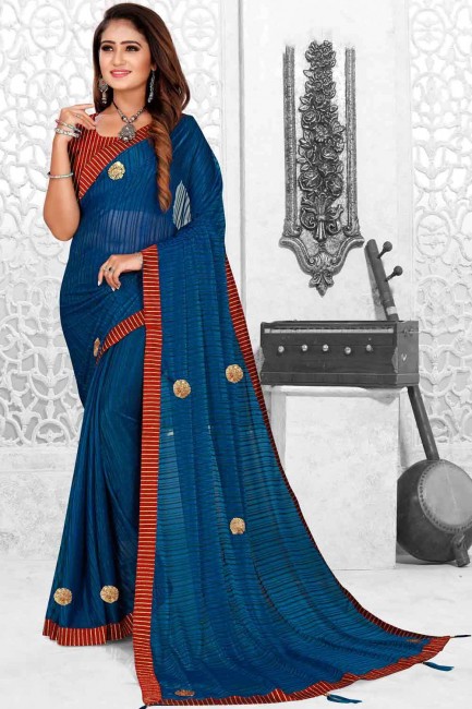 Weaving Lycra Regal blue Saree with Blouse