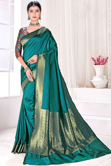 Weaving Jacquard and silk South Indian Diwali Saree in Chill blue with Blouse