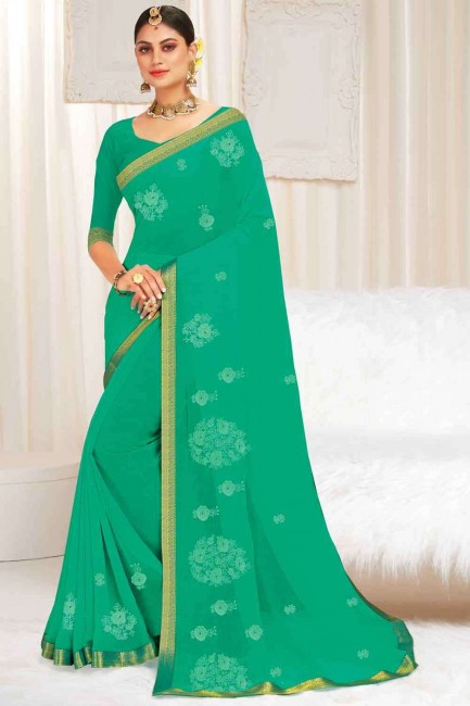 Persian green Saree in Embroidered Georgette