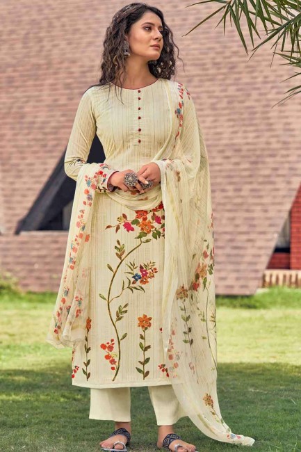 Double spanish white Printed Salwar Kameez in Cotton