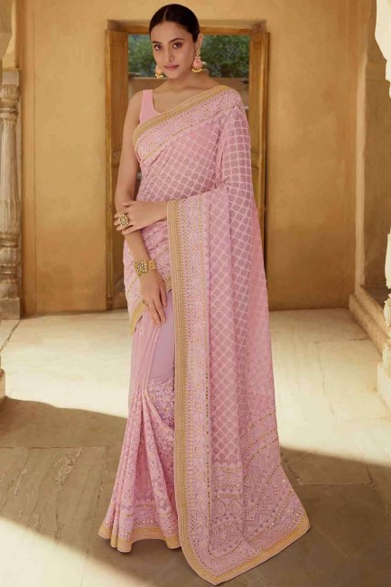 Pink Saree in Georgette with Thread