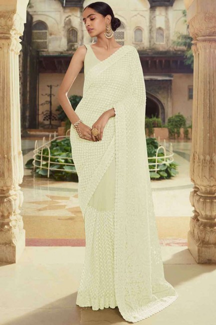 Stone with moti Soft net Saree in Off white with Blouse