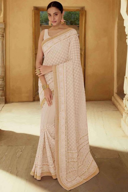 Thread Georgette Saree in Beige with Blouse