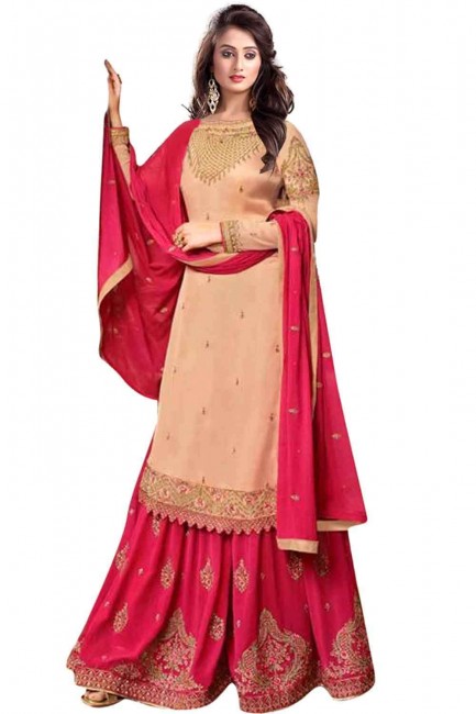 Taco peach Embroidered Satin georgette Sharara Suit