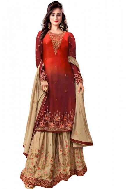 Embroidered Satin georgette Sharara Suit in Sunset orange with Dupatta