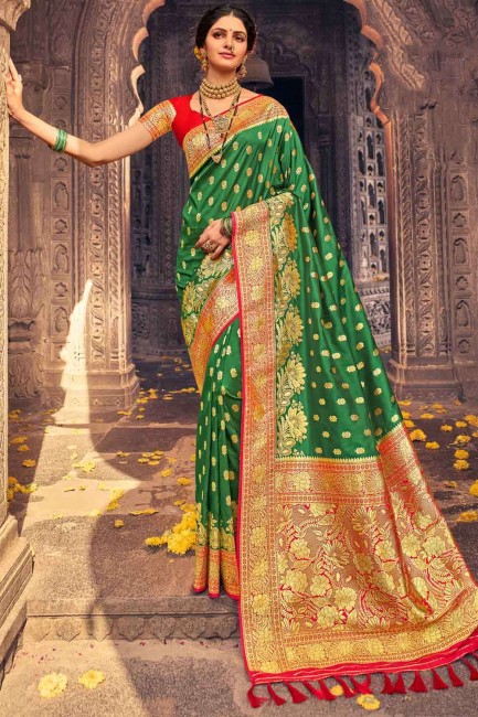 Clover green raw silk Banarasi Saree with Weaving