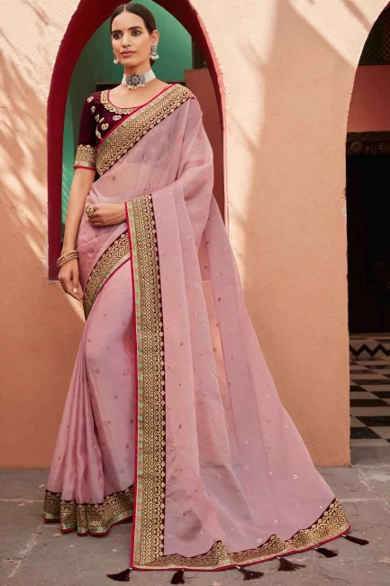 Saree in Rosy brown Silk with Weaving