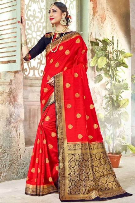 Ferrari red Banarasi Saree with Weaving Banarasi raw silk