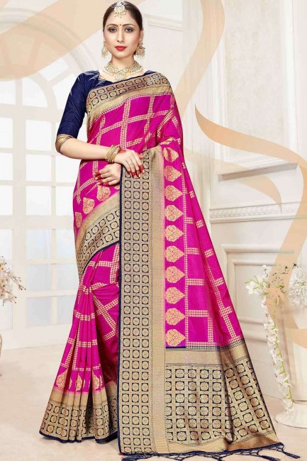 Weaving Banarasi Saree in Vivid cerise pink Banarasi raw silk