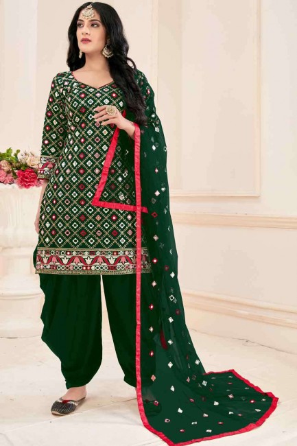 Patiala Suit in Green Cotton with Mirror