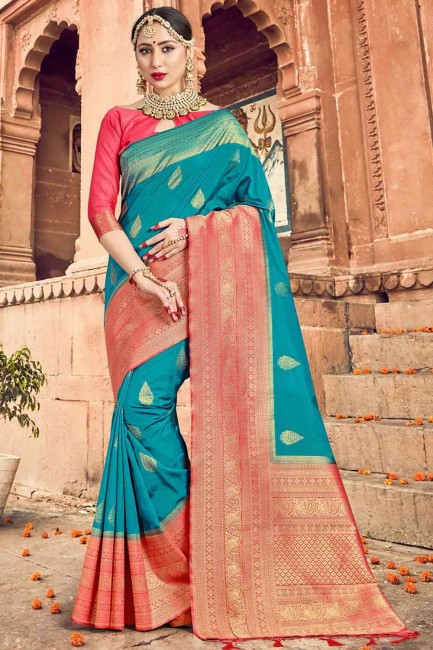 Silk Banarasi Saree with Weaving in Turquoise