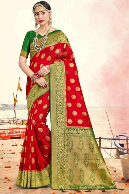 Weaving Designer Work Banarasi Saree in Red Silk