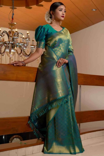 Teal green South Indian Saree with Weaving Raw silk
