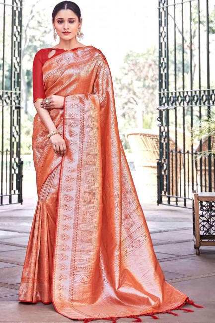 Orange Weaving Banarasi raw silk Banarasi Saree
