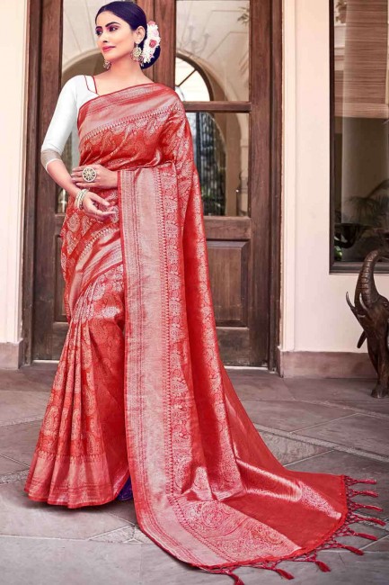 Elegant Weaving Designer Work Banarasi raw silk Banarasi Saree in Red with Blouse