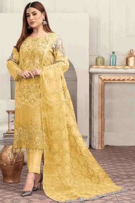 Faux georgette Embroidered Yellow Pakistani Suit with Dupatta