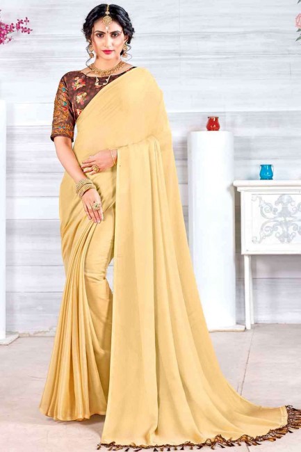 Stone Chinon chiffon Saree in Beige with Blouse