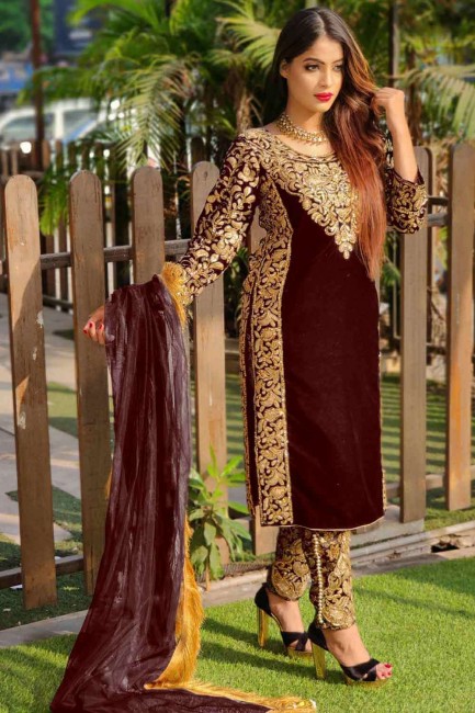 Wine  Velvet Embroidered Pakistani Suit with Dupatta