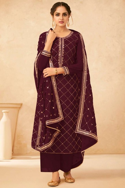 Georgette Embroidered Maroon Palazzo Suit with Dupatta